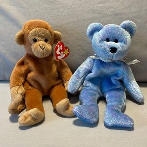 Two RARE Vintage TY Beanie Babies Bongo The Monkey 1995 Clubby ll 1999
